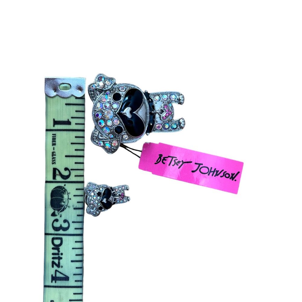 Betsey Johnson Crystal and Black Enamel Silver Tone Bulldog Brooch Pin Set - Picture 6 of 6